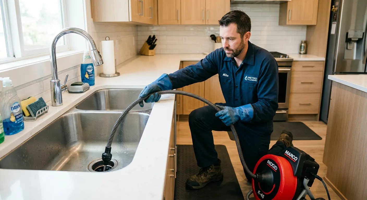 Drain cleaning technician using a motorized snake on a kitchen sink in Atascocita
