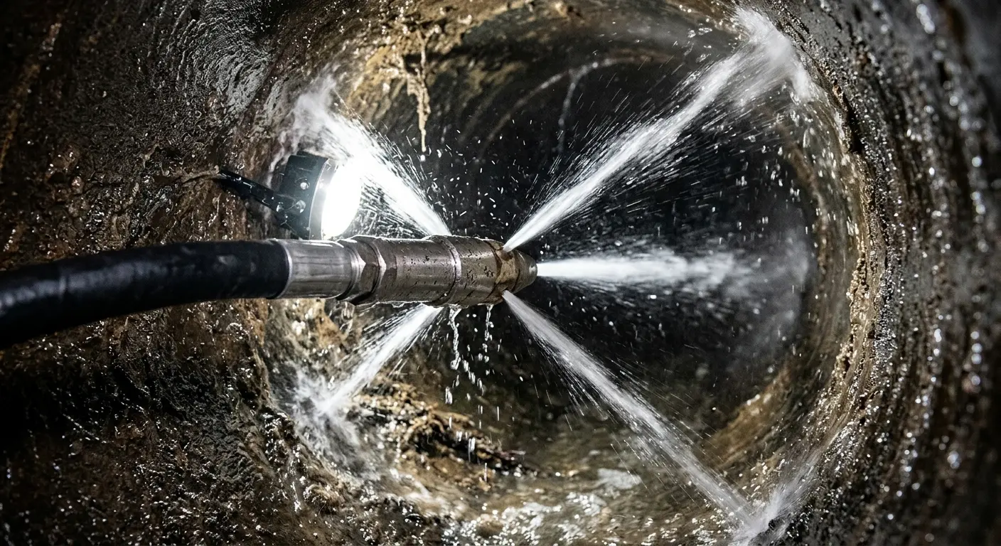 High-pressure hydro jetting nozzle cleaning sewer pipe for Sewer Cleanout in Atascocita