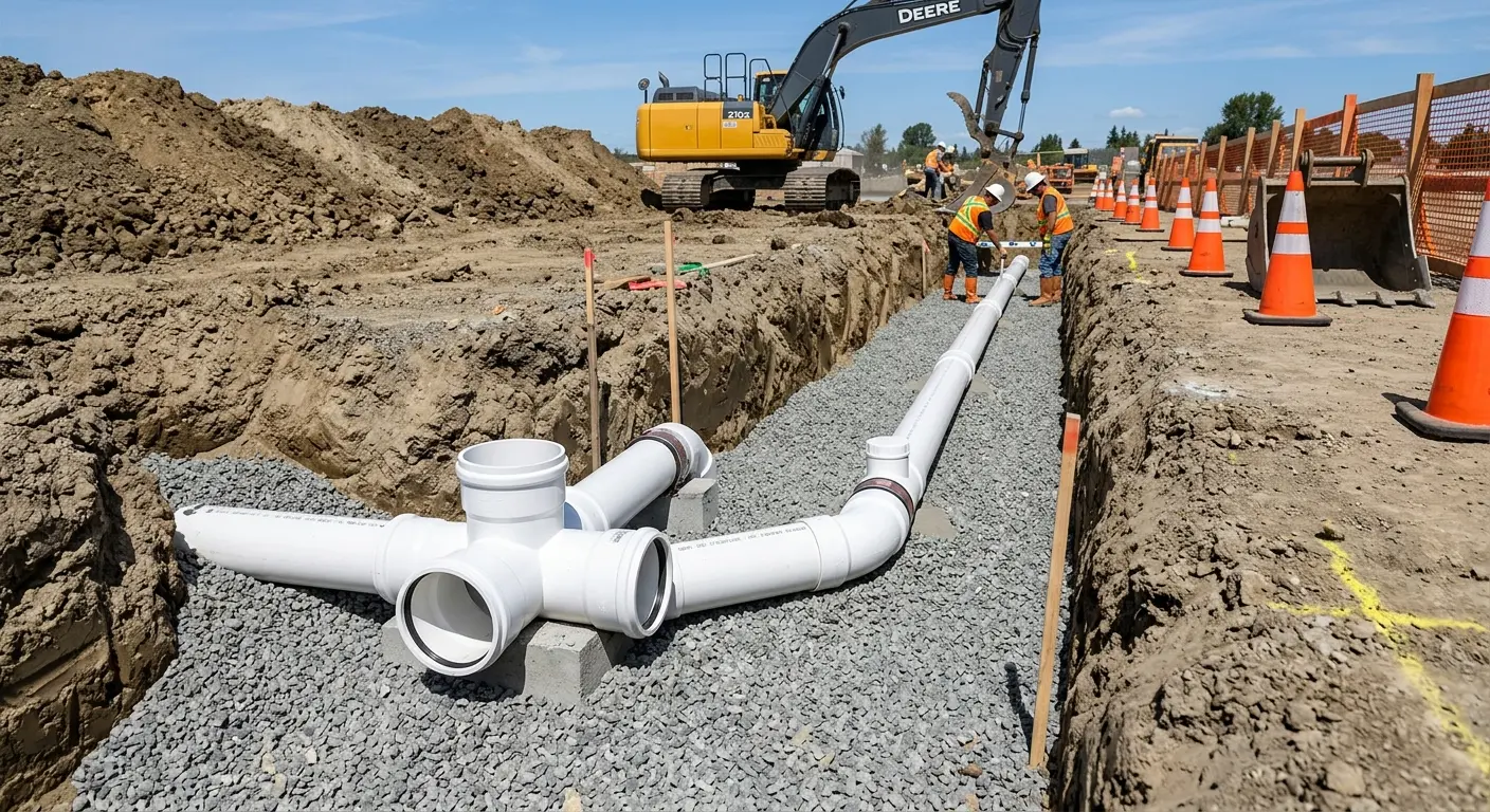 New PVC sewer pipe installation in open trench for Commercial Drain Cleaning in Atascocita