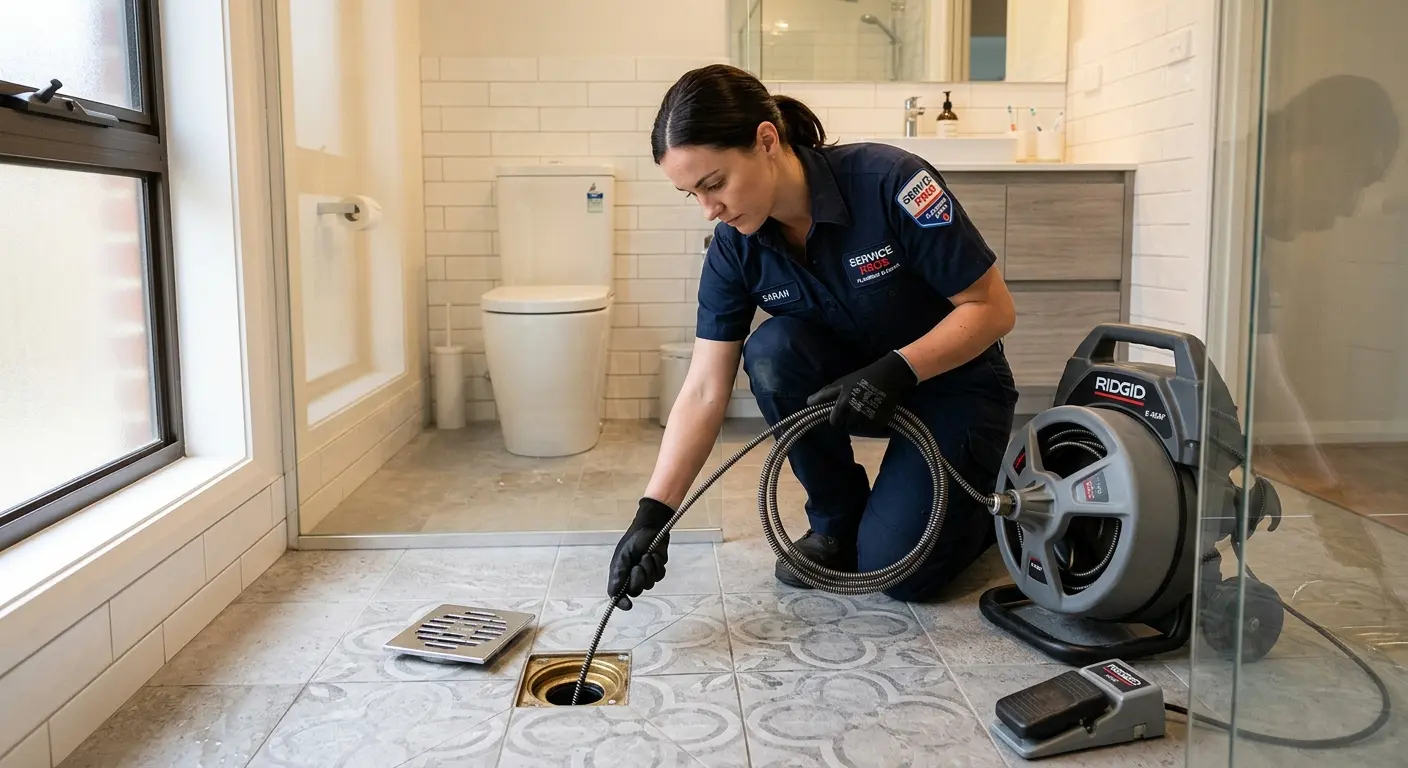 Technician clearing a bathroom floor drain for Hydro Jetting in Atascocita